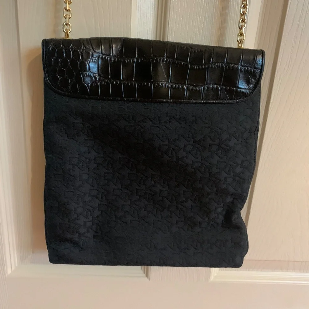 DKNY Black Croc Embossed Leather/Fabric Crossbody Handbag